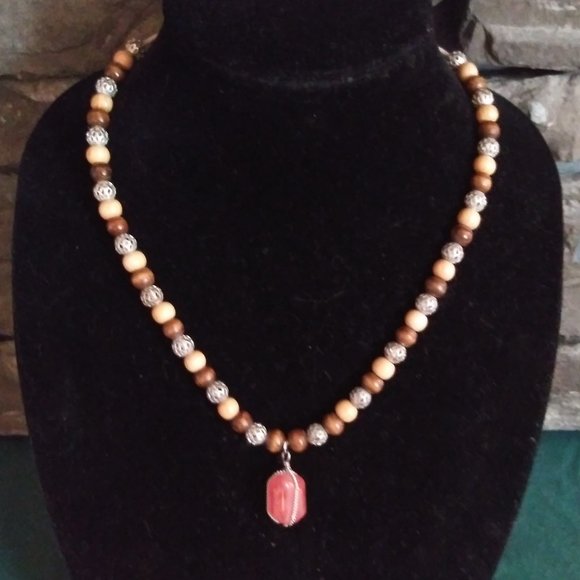 **CLEARANCE SALE** Wood & Stainless Necklace with Rose Quartz Pendant - Picture 1 of 9